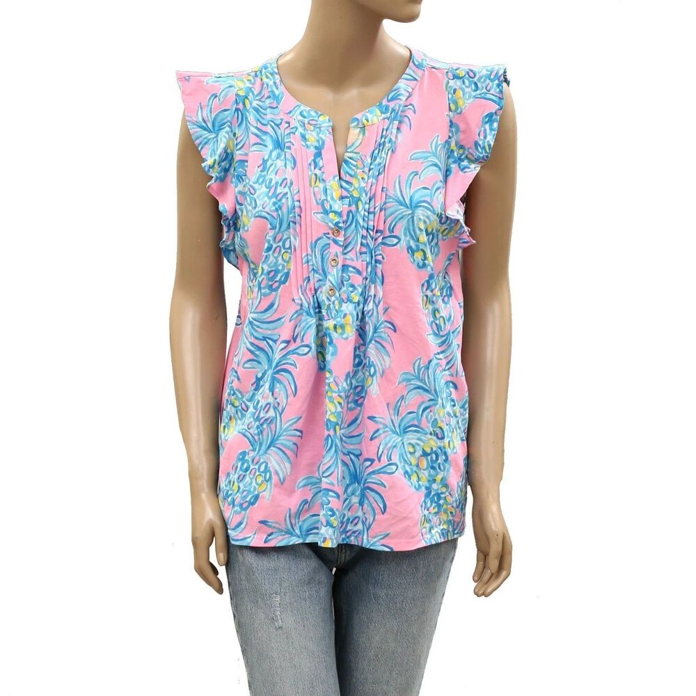 Lilly Pulitzer Golda Blouse Top Amalfi Sound The Sirens Cotton Printed XL 287933